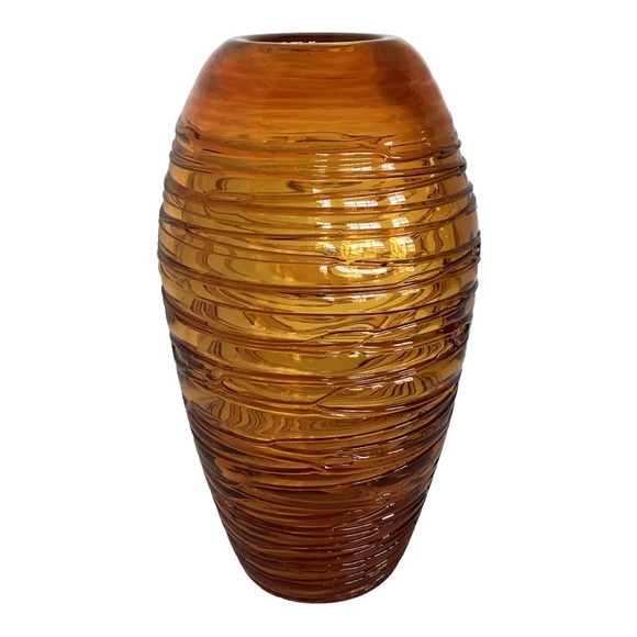 Eastern Hand Blown Beehive Vase Thick Amber Art Glass String Thread Overlay EUC - Picture 6 of 16